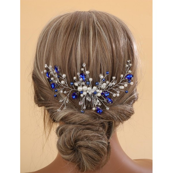Sither Blue Crystal Hair Clip for Women Bridal Wedding Pearls Hair Comb for Women Headpiece Hair Accessories for Bride Party Prom Gift