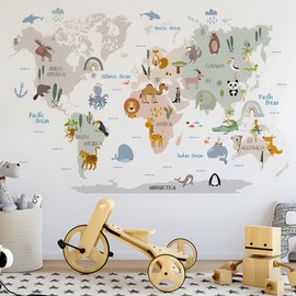 DTLIFEK Animal World Map Wall Decals Jungle Animal Wall Stickers Forest Wild Animals Elephant Monkey Wall Art Vinyl DIY Removable Peel and Stick for Kids Boys Bedroom Nursery Classroom Home Decoration