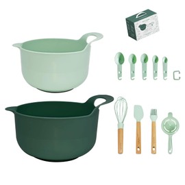 Plasic Mixing Bowls set with Baking supplies, Green Nesting Bowls with pour spout/handle, Non-Slip Base, Measuring Spoons set, Egg Whisk, Spatula & Brush, Great for Mixing, Baking, 11 Pcs