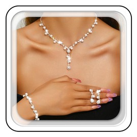 GORAIS Silver Rhinestone Bride Wedding Jewelry Sets Pearl Necklace Earring Bracelet Set Bridal Costume Jewelry for Women Formal