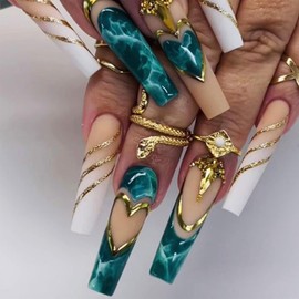 24Pcs French Press on Nails Square Long Fake Nails Artificial Glue on Nails with Blue Marble Heart Designs Acrylic Full Cover Fake Nails with Design Nail Tips Stick on Nails for Women Nail Decorations