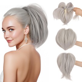 SEGO Claw Clip Short Ponytail Hair Extension 8 Inch With 4 Bendable Metals Messy Bun Hair piece for Women Fake Hair Bun DIY Styles -#88A/503 Silver Grey Mix