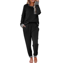 Ekouaer Pajamas Women Long Sleeve Ladies Pyjamas Set Stripes Loungewear Top and Pants Soft Nightwear Sleepwear Black, XL
