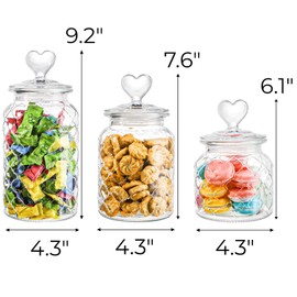 Hiceeden Set of 3 Cute Glass Jars with Airtight Lids, Candy & Cookie Food Storage Containers with Heart-shaped Handle, Glass Canister with Grid Texture for Coffee Beans, Flour, Sugar, 22/32/ 45oz