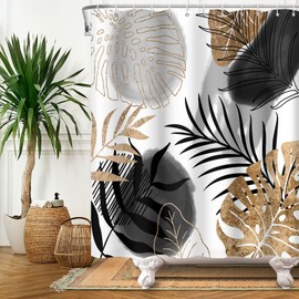 Ttincceer 180x180cm Abstract Plant Leaf Shower Curtain Set, Black Gold Palm Monstera Leaf Bathroom Curtain Abstract Tropical Plant Shower Curtains Washable Bathtub Curtain
