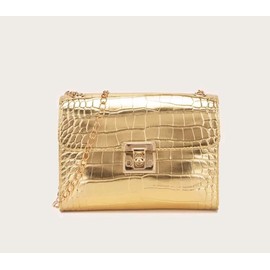 Small Golden Bag with Golden Chain – Golden Shoulder Bag – Leather in Crocodile Look – with Safety Clasp – Fashion Model, Gold