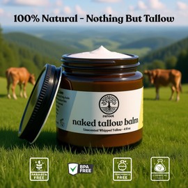 Beef Tallow for Skin | NAKED TALLOW BALM | 1 Ingredient - 100% Grass Fed Beef Tallow | Beef Tallow for Body & Face | Whipped & UNSCENTED for Sensititve Dry Skin, Babies, Eczema, Psoriasis(4oz)