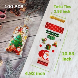 Hryxic 100 PCS Christmas Treat Bags,9 Styles Christmas Clear Cellophane Treat Bags,Santa Claus Goodie Candy Bags with Twist Ties for Party Favors Supplies