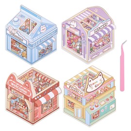 ICCEEMEE 4 Sets 3D Miniature Scene Stickers, DIY Diorama Stickers Bunny Pet Shop Midnight Food Street Kitty Market Furry Paw House for Adults & Kids Stress Relief Fun Pastime