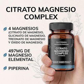 Quotidien Citrato de Magnesio Complex + Piperina | Máxima Potencia y Máxima Absorción | Aporta 497mg de Magnesio elemental | Contiene Citrato, Glicina