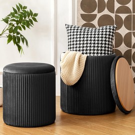 infurnic Ottoman with Storage Set of 2, Velvet Round Storage Ottoman, Upholstered Sponge Vanity Stool Support 300lbs, Multifunctional Coffee Table Foot Rest Ottoman for Living Room Bedroom, Black