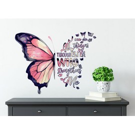 Pink Butterfly Bible Verse Prayer Wall Decal Sticker, I Can Do All Things Through Inspirational Christian Religious Scripture Quotes Vinyl DIY Remove Wallpaper Mural for Living Room Home Office