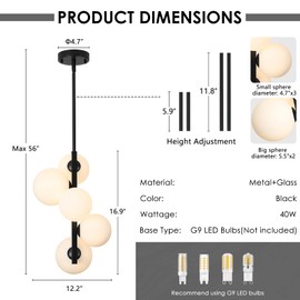 Jonsi Modern Pendant Light 5 Light Blck Globe Pendant Light Fixture Mid Century Chandelier Indoor Hanging Light Fixture for Kithchen Island Dinning Room Bedroom