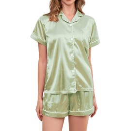 Brezzistaxs Satin Pajama Set for Women 2-Piece Satin PJ Set Button-Down Silk PJ Set - Classic Silky Pajama (US, Alpha, X-Large, Regular, Regular, Sage)