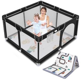【Clearance Sale】Baby Playpen with Anti-Slip Mat, Indoor&Outdoor Playard Kids Activity Center with Gate,Sturdy&Safety Baby Fence,for Infants & Toddlers:_Black with Anti-Slip Mat
