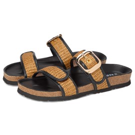 Naot Women's Nashville Flat Sandal, Soft Black Leather/Golden Brown Raffia, 4