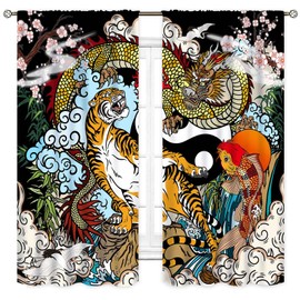 Dragon Tiger Curtains, Japanese Asian Style Chinese Dragon Tiger Fight Anime Aesthetic Blackout Window Drapery Treatments for Bedroom Living Room Bathroom, 42"x45" Inch