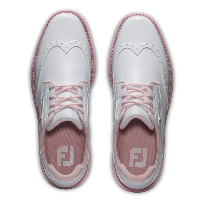 FootJoy Women's Traditions Shield Tip Golf Shoe, White/White/Pink, 8