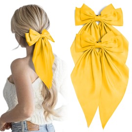 2Pcs Yellow Hair Bows Long Tail Satin Bow Hair Clips Large Silky Ribbon Bow for Hair Ponytail Holder with Metal Clip Coquette Vacation Hair Barrettes Accessories Gifts for Women Girls