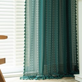 Deeprove Boho Curtain Valance 18 Inch Length for Kitchen Cafe, Short Bohemian Sheer Lace Crochet Curtain Knitting Handmade Tassels for Dinning Room, Vintage Chic Decor W59 x L18, 1 Panel Emerald Green