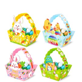 PARTYSTADL 12Pcs,Easter Gift Basket Easter Treat Bags Party Favors for kids,DIY Paper Basket with Handles, Rabbit Chicks Easter Eggs Design for Easter Egg Hunt Party Supplies Easter Decoration