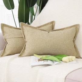 Madizz Set of 2 Linen Cushion Covers with Broad Edge Soft Boho Decorative Pillow Cases for Sofa Bedroom Modern Pillow Shell 12x20 inch, 30x50 cm Khaki