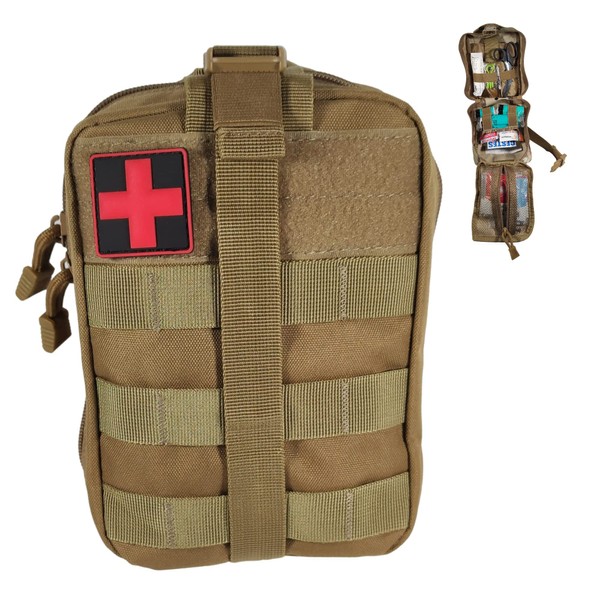 Complete First Aid Kit Army Khaki, Compact, Lightweight, Practical Assembled in France + 3 Tick Pullers Attaches to the Belt Designed for All Hiking Activities, Airsoft Travel