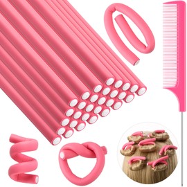Syhood 30 Pcs 7'' Flexible Curling Rods Twist Foam Hair Rollers Soft Foam No Heat Hair Rods Rollers and 1 Steel Pintail Comb Rat Tail Comb for Women Long Short Hair(Pink,7 x 0.39 Inch)