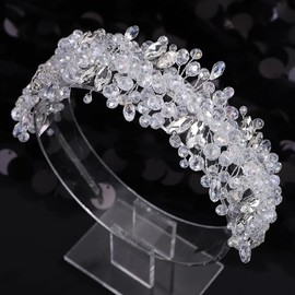 Octwine Vintage Bridal Gold Green Headpiece Handmade Wedding Headband Hair Vine Rhinestoens Headband Bridal Wedding Hair Accessories (Silver, Width1.9inches)