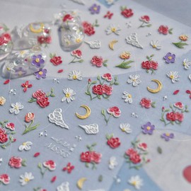 Flower Nail Stickers 5D Embossed Retro Flower Moon Nail Design Kit Cute Nail Decals Gel Nail Sticker for Women Self Adhesive Nail Art Supplies Summer Nail Art Accessories