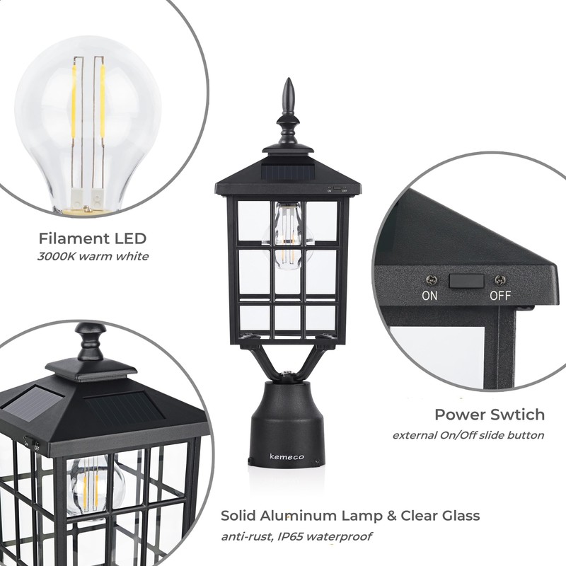 Kemeco ST4224Q-A Solar Post Light Outdoor, Landscape Led Squared Frame