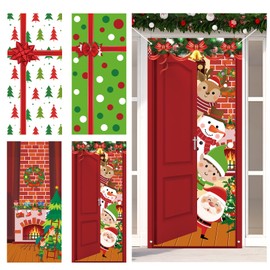 Mindsoft 4 Pcs Christmas Door Cover Decoration Merry Christmas Front Door Hanging Banner Xmas Door Cover Backdrop Cute Santa Background for New Year Party Winter Decorations, 78.7 x 35.4 Inch