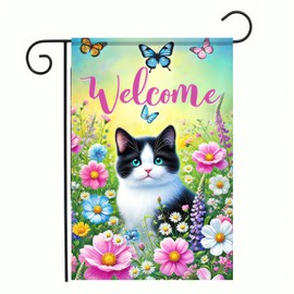 BlissYard Welcome Spring Cat Garden Flag Spring Summer Floral Flower Orange Cat Flag Welcome Yard Flag 12 x 18 Inch Double Sided Butterfly Yard Flags Mini Farmhouse Outdoor Decorative Flag