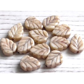 Czech 12 - 10x8mm CZECH OPAQUE BEIGE BROWN WASH BIRCH LEAF GLASS BEADS AUTUMN FALL