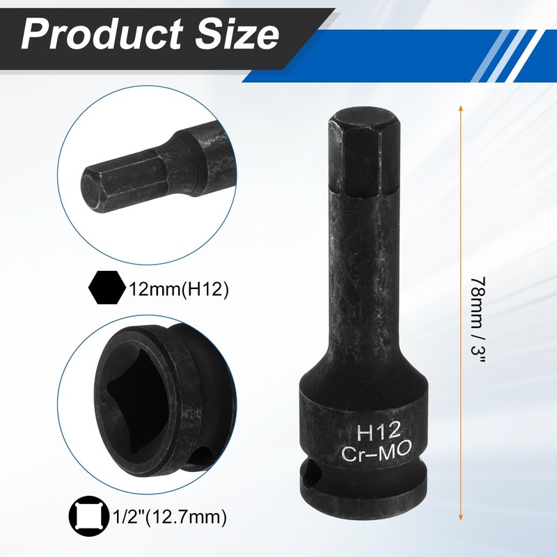 HARFINGTON 1/2" Drive Impact Hex Bit Socket 12mm Metric CR-MO