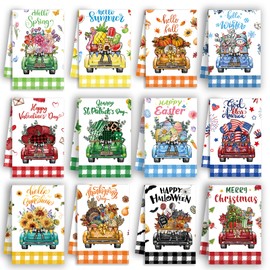 MALEBAZI Rustic Truck Holiday Kitchen Towels Set of 12, Seasonal Kitchen Towels and Dishcloths Sets, Cute Car Holiday Dish Towels for Kitchen Decorative, Spring Absorbent Wash Cloths 21.3x14.2 Inch