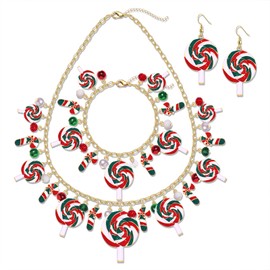 ZOLEAROPY Christmas Candy Necklace Bracelet Earrings Set for Women Xmas Festive Red Green Sweet Peppermint Candy Cane Xmas Winter Holiday Birthday Party Accessory Gifts