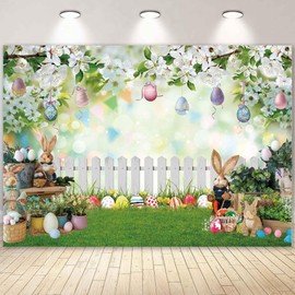 LIVUCEE 10x8ft Easter Backdrop Spring Banner Green Grass Flower Stand Fence Photography Background Bunny Colorful Eggs Decor Newborn Photo Booth Studio Supplies