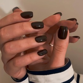 KQueenest Black Press on Nails Short Square, Short False Nails with Glue, Glossy Solid Color Small Black Fake Nails Set, Natural Fit, Reusable Soft Gel Stick on Nail for Women Decoration 24 Pcs