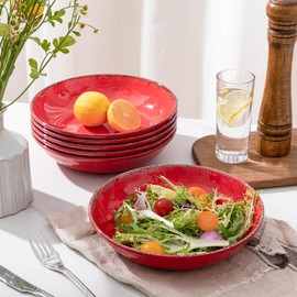 ZAROCRUS Farmhouse Melamine Pasta Bowls Set of 6, 42 OZ Large Serving Bowls Set, 9.25 inch Ramen Bowls,Wide and Shadow Rustic Red Round Dinner Bowl, Fruit bowl, Noodle Bowl, Salad Bowl Set, Red…