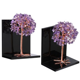 SUNYIK Pack of 2 Amethyst Money Tree Crystal Bookends for Heavy Book, Tree of Life Acrylic Book Ends for Shelves Library Office School Supplies