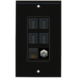 RiteAV - 4 Port HDMI 1 Coax Cable TV- F-Type 1 Cat6 Ethernet Wall Plate Decorative - Black