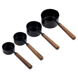 Mewutal Set of 4 Measuring Cups and Spoons Black Measuring Cups with Wooden Handle Stainless Steel Measuring Spoons and Scoops Set for Kitchen Flour Spice Seasoning Measurement (1+1/2+1/3+1/4 Cup)