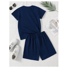 Verdusa Girl's 2 Piece Outfits Letter Print Bow Graphic Tee with Shorts Clothing Set Dark Blue 11 Years