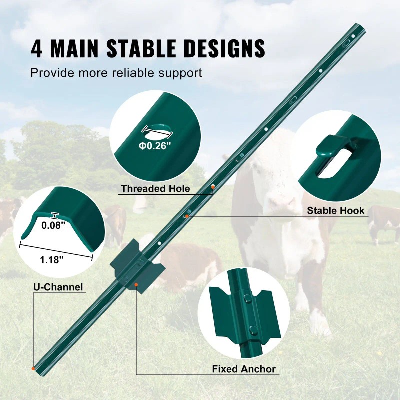3 Feet Heavy-Duty Green Metal Fence Posts 10-Pack T-Post for
