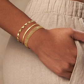 Cuzmly Gold Bracelets for Women, 14K Gold Plated Stackable Bracelets for Women Non Tarnish Waterproof Trendy Dainty Herringbone Chain Bracelet Pack Stack Adjustable Jewelry for Women