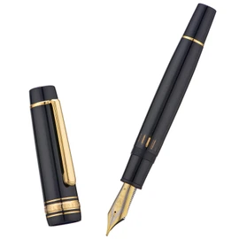 Yongsheng Junlai 930 Acrylic Fountain Pen, Size 9 Broad Nib with Piston Filling System, Piano Black Fence Ink Tank with Flat Top Design Smooth Writing Pen (Gold Trim)