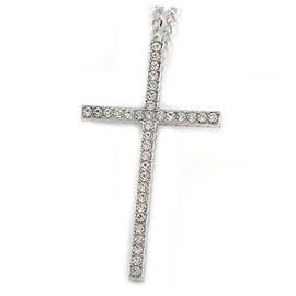 Avalaya Large Crystal Cross Pendant with Chunky Long Chain in Silver Tone - 70cm L