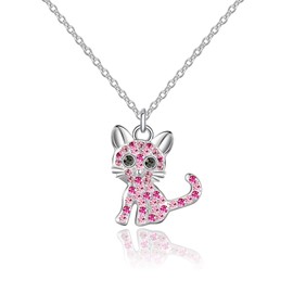 luomart Girls Cat Birthstone Necklaces Jewelry,Silver Plated Kitty Dog Pendant Gifts Set for Women Boys Men (Girls Pink)
