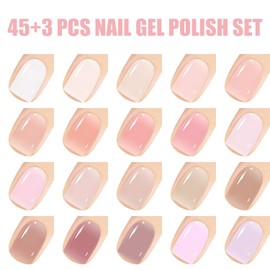 Vishine 48 PCS Gel Polish Set, 45 Jelly Nude Pink Gel Nail Polish Set All Season Neutral Sheer Milky White Gel Nail Polish Set with Gel Base and Matte Glossy Top Coat Manicure Salon at Home